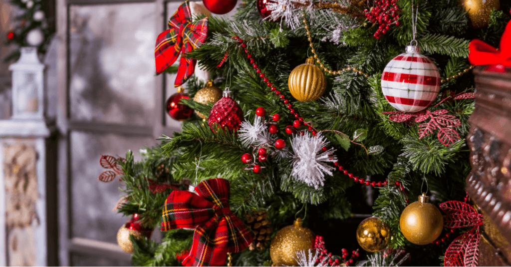 Beautifully decorated Christmas Tree with ornaments, beads and bows